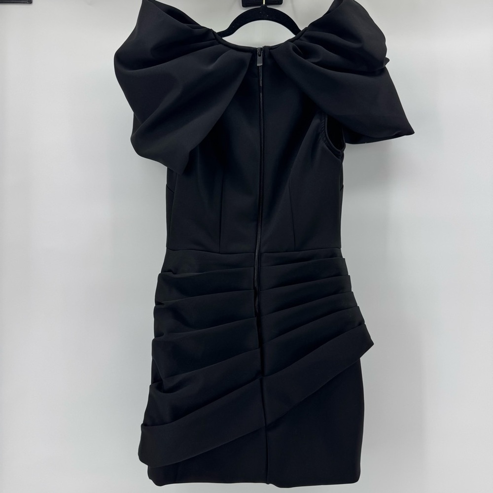 Luxxel Black Ruched Mini Dress Statement Puffy Sleeves V-Neck Sz M - Picture 7 of 13